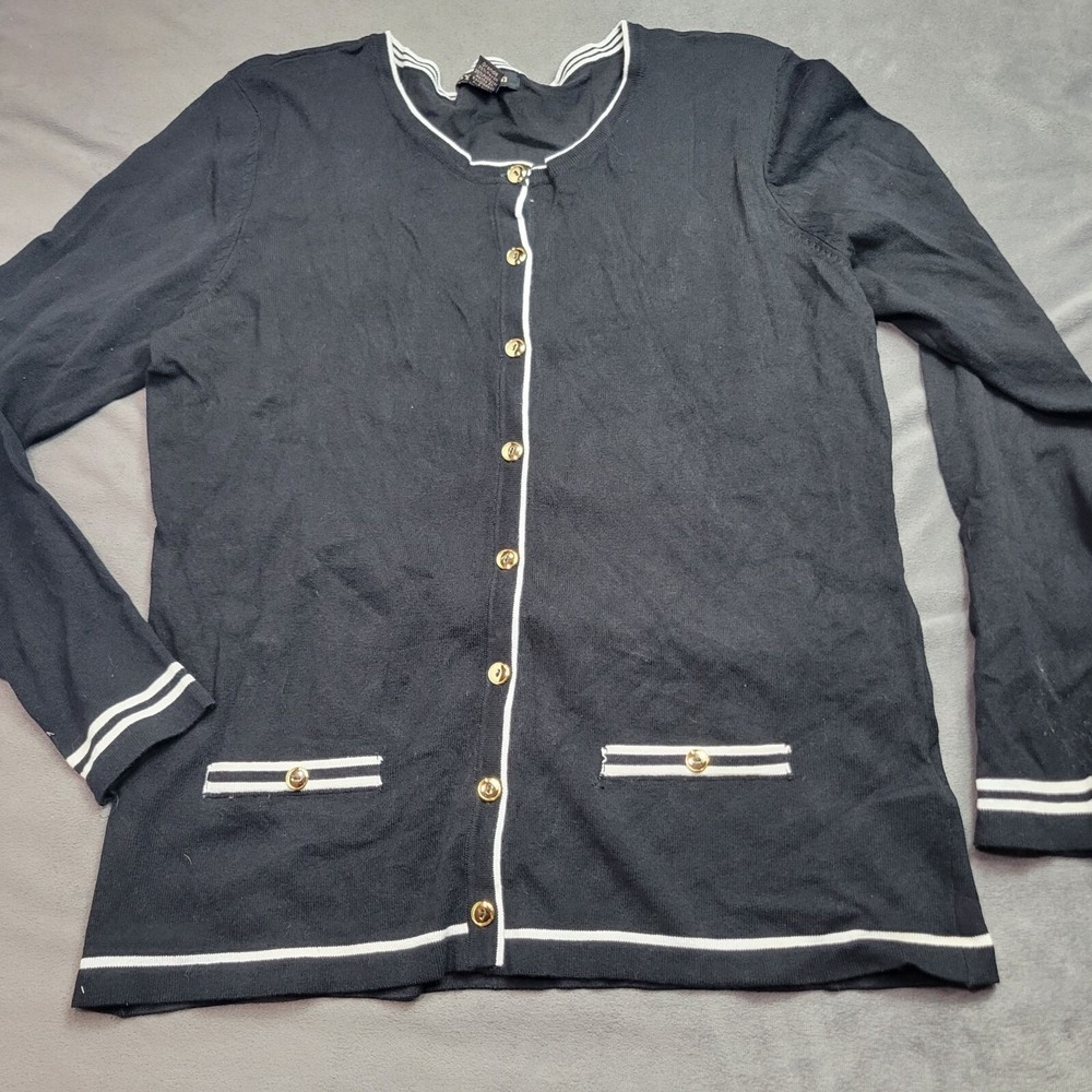 Black Cardigan Sweater By Design L Button Down Striped Trim Rayon/Polyester